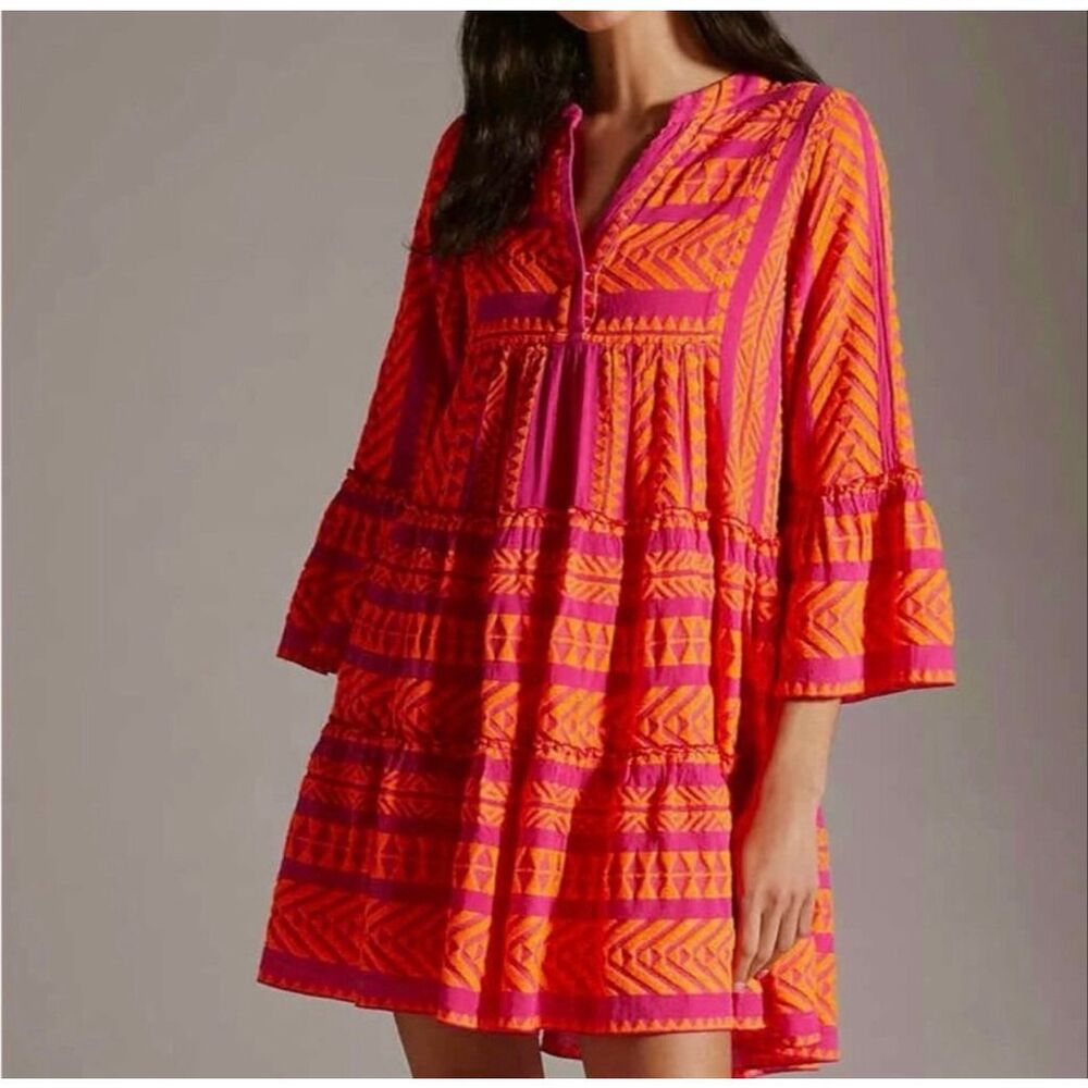 Devotion Twins Ella Pink Orange Geometric Boho Tiered Tunic Dress Medium